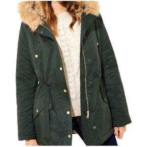 LOFT Coat Womens XSP Green Faux Fur Lined Hooded Parka Canvas Winter Warm
